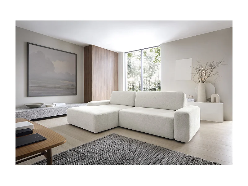 Canapé d’angle BOULI 4 places Raven, couchage 130x210cm, coffre, 264x162x82cm, gauche beige