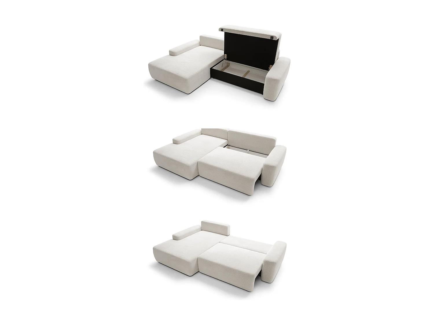 Canapé d’angle BOULI 4 places Raven, couchage 130x210cm, coffre, 264x162x82cm, gauche beige