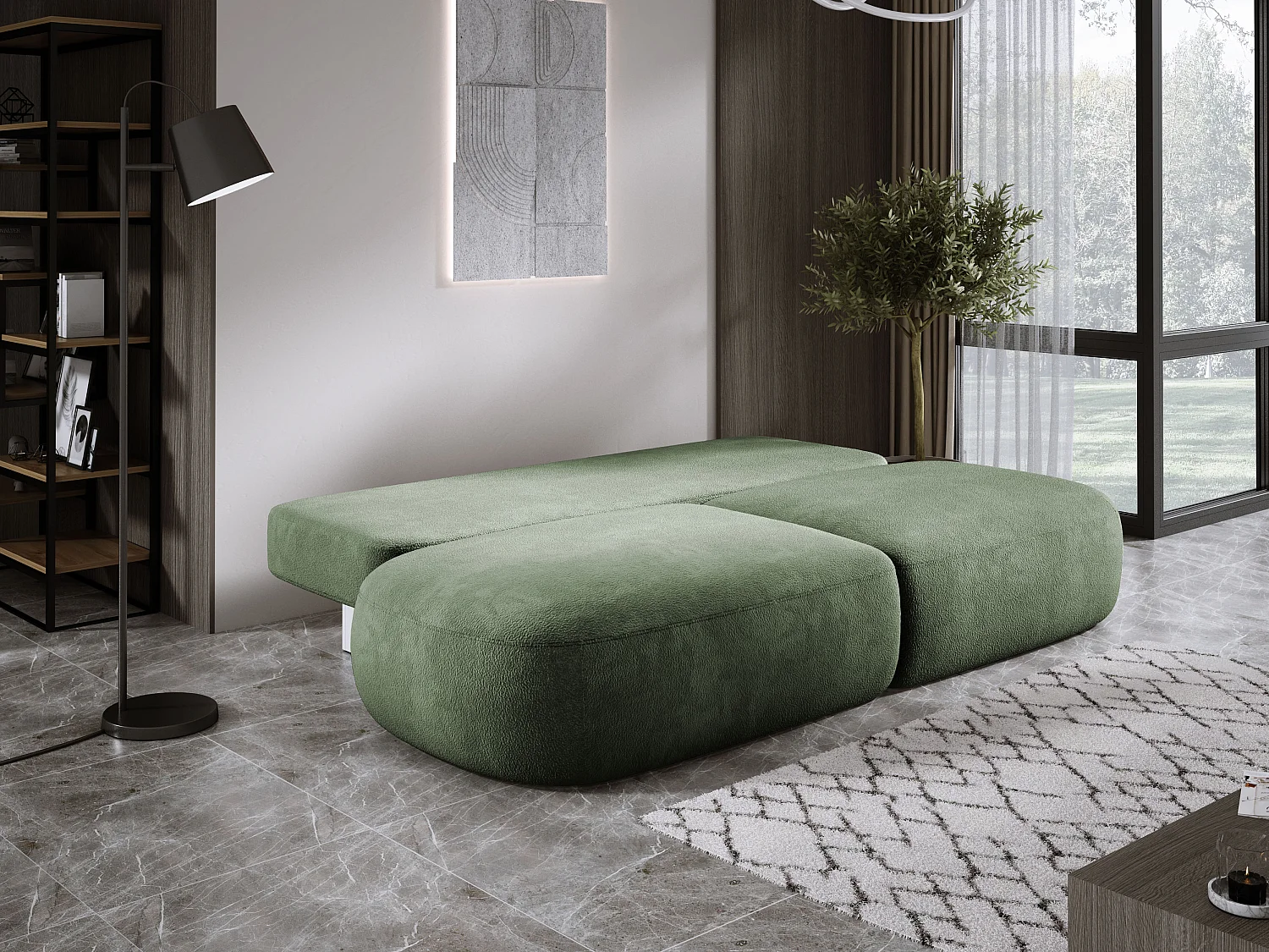 Canapé-lit moderne BABU avec coffre, fonction sommeil, DL-Automat, 2 coussins dossier, 2 coussins déco, 240x90x90 cm Vert clair