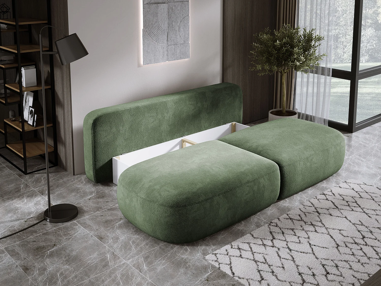 Canapé-lit moderne BABU avec coffre, fonction sommeil, DL-Automat, 2 coussins dossier, 2 coussins déco, 240x90x90 cm Vert clair