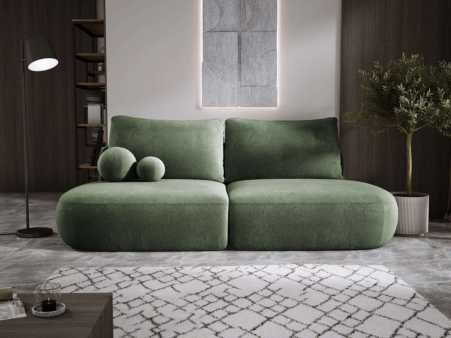 Canapé-lit moderne BABU avec coffre, fonction sommeil, DL-Automat, 2 coussins dossier, 2 coussins déco, 240x90x90 cm Vert clair