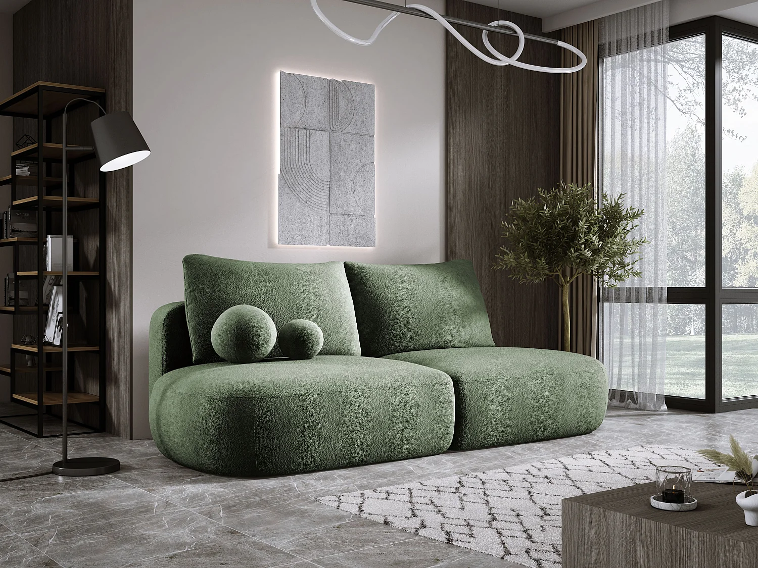 Canapé-lit moderne BABU avec coffre, fonction sommeil, DL-Automat, 2 coussins dossier, 2 coussins déco, 240x90x90 cm Vert clair