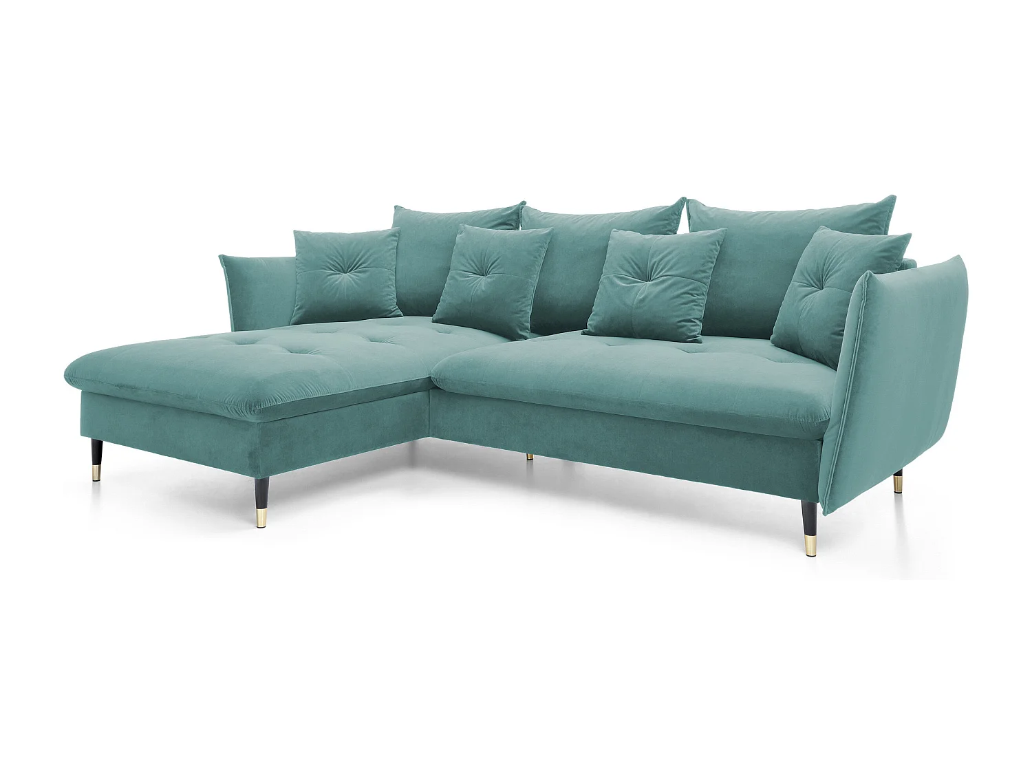 Canapé d'angle GLAM convertible, ottomane & pieds dorés – canapé en velours style glamour avec coussins déco, 258x167x91 cm, côté gauche MENTHE