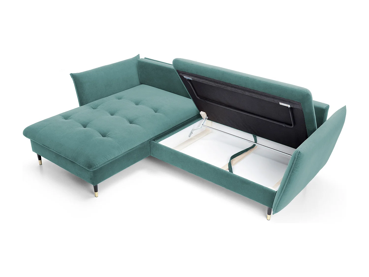 Canapé d'angle GLAM convertible, ottomane & pieds dorés – canapé en velours style glamour avec coussins déco, 258x167x91 cm, côté gauche MENTHE