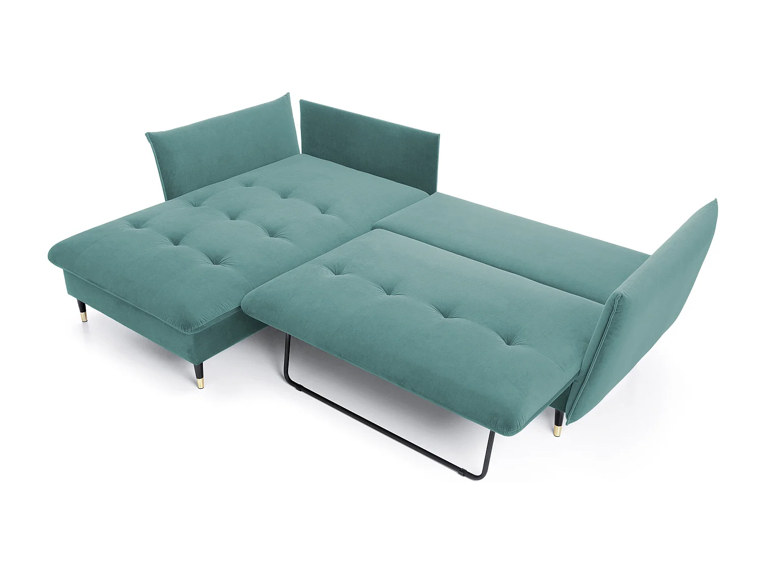 Canapé d'angle GLAM convertible, ottomane & pieds dorés – canapé en velours style glamour avec coussins déco, 258x167x91 cm, côté gauche MENTHE