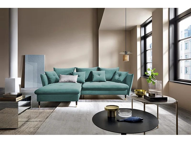 Hoekbank GLAM met slaapfunctie, ottomane & gouden poten – fluwelen bank in glamstijl met sierkussens, 258x167x91cm, Linkerkant MUNT