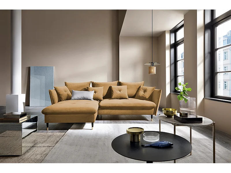 Canapé d'angle GLAM convertible, ottomane & pieds dorés – canapé en velours style glamour avec coussins déco, 258x167x91 cm, côté gauche PLATINE