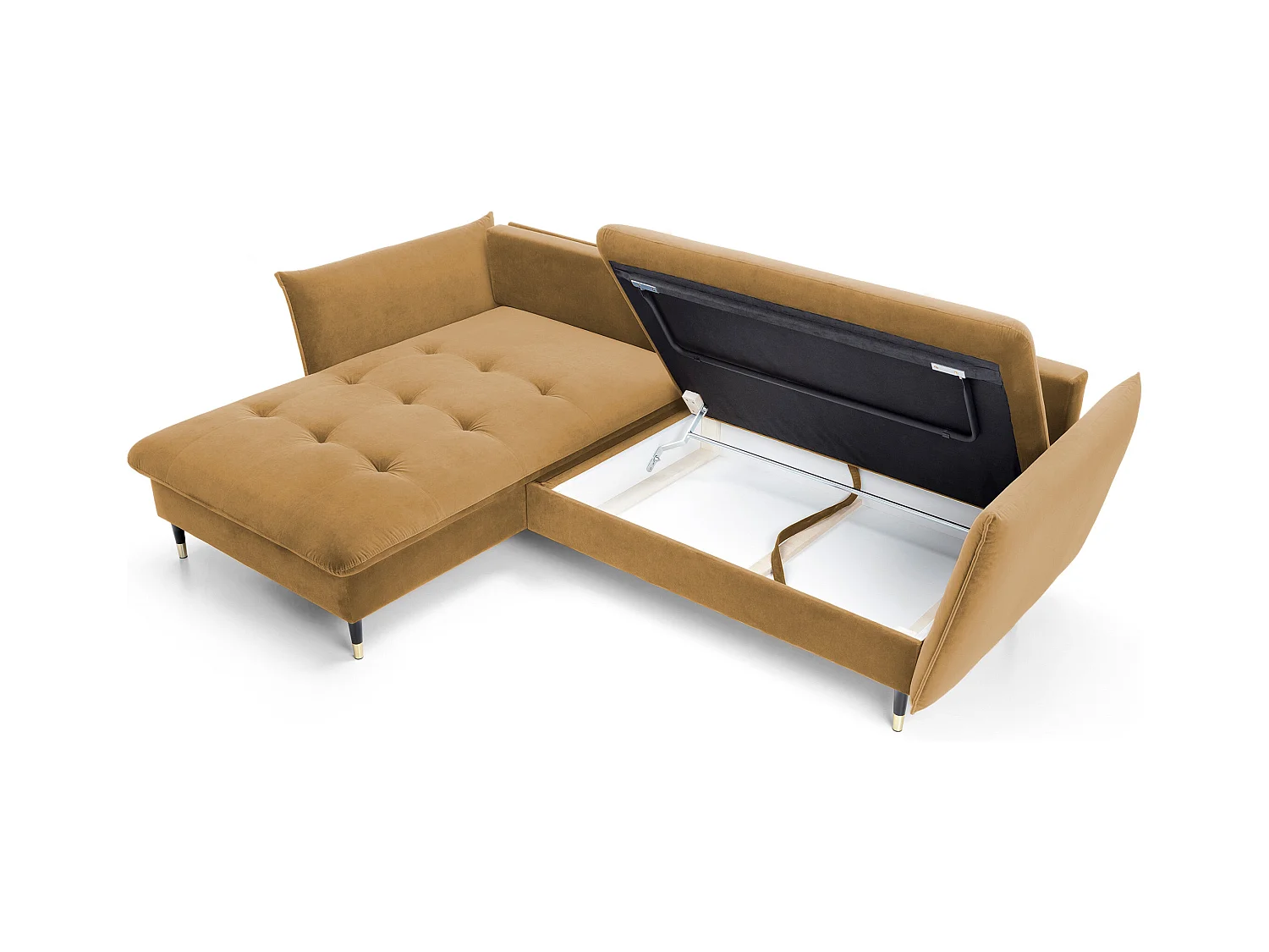 Canapé d'angle GLAM convertible, ottomane & pieds dorés – canapé en velours style glamour avec coussins déco, 258x167x91 cm, côté gauche PLATINE