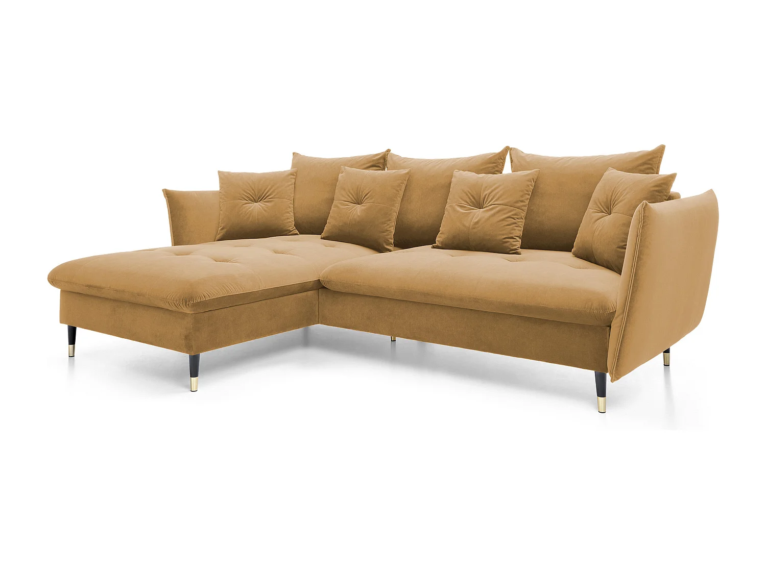 Canapé d'angle GLAM convertible, ottomane & pieds dorés – canapé en velours style glamour avec coussins déco, 258x167x91 cm, côté gauche PLATINE