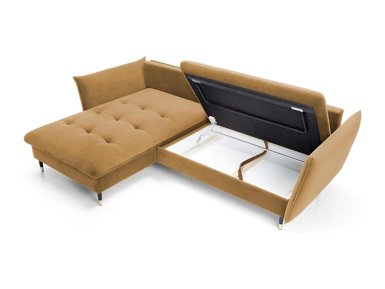 Canapé d'angle GLAM convertible, ottomane & pieds dorés – canapé en velours style glamour avec coussins déco, 258x167x91 cm, côté gauche PLATINE