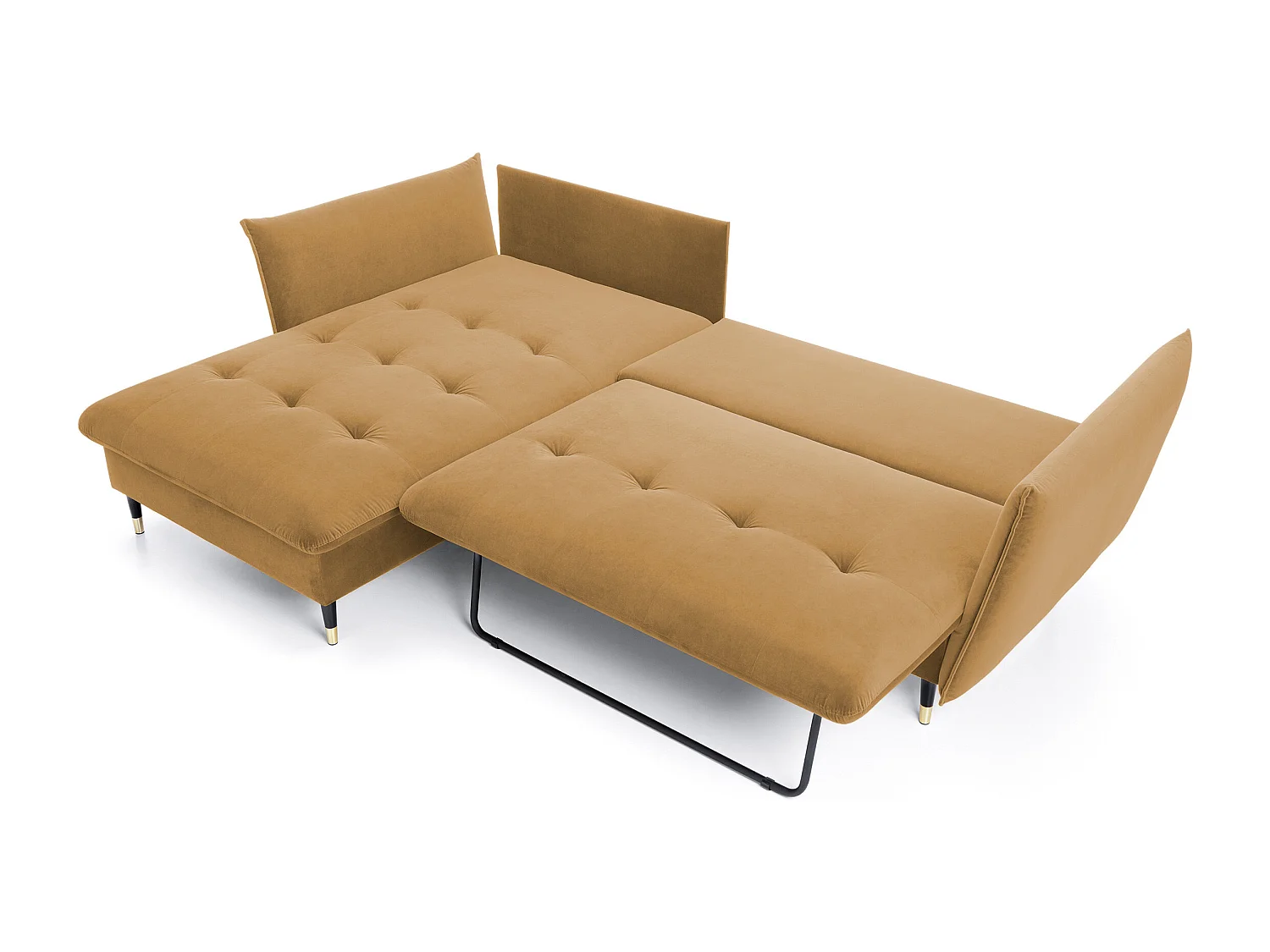 Canapé d'angle GLAM convertible, ottomane & pieds dorés – canapé en velours style glamour avec coussins déco, 258x167x91 cm, côté gauche PLATINE