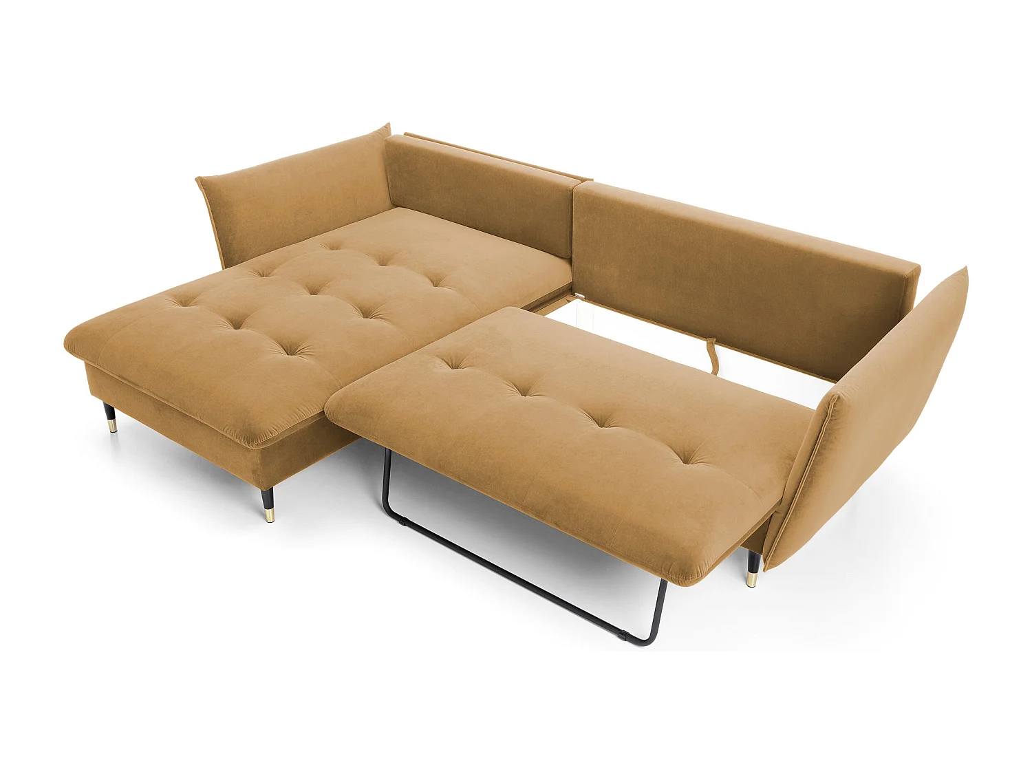 Canapé d'angle GLAM convertible, ottomane & pieds dorés – canapé en velours style glamour avec coussins déco, 258x167x91 cm, côté gauche PLATINE