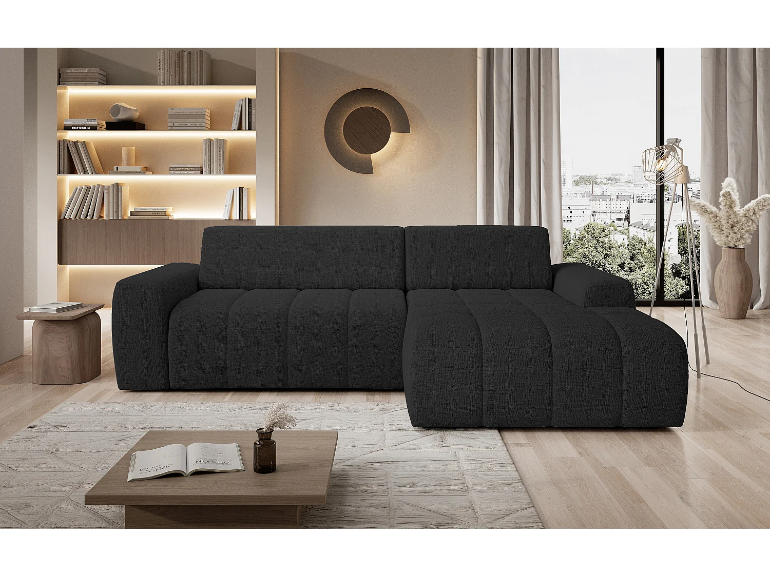 Canapé d'angle Savio indépendant, tissu Kansas résistant, dim. 265x172x81cm, couchage 206x92cm, côté droit, anthracite