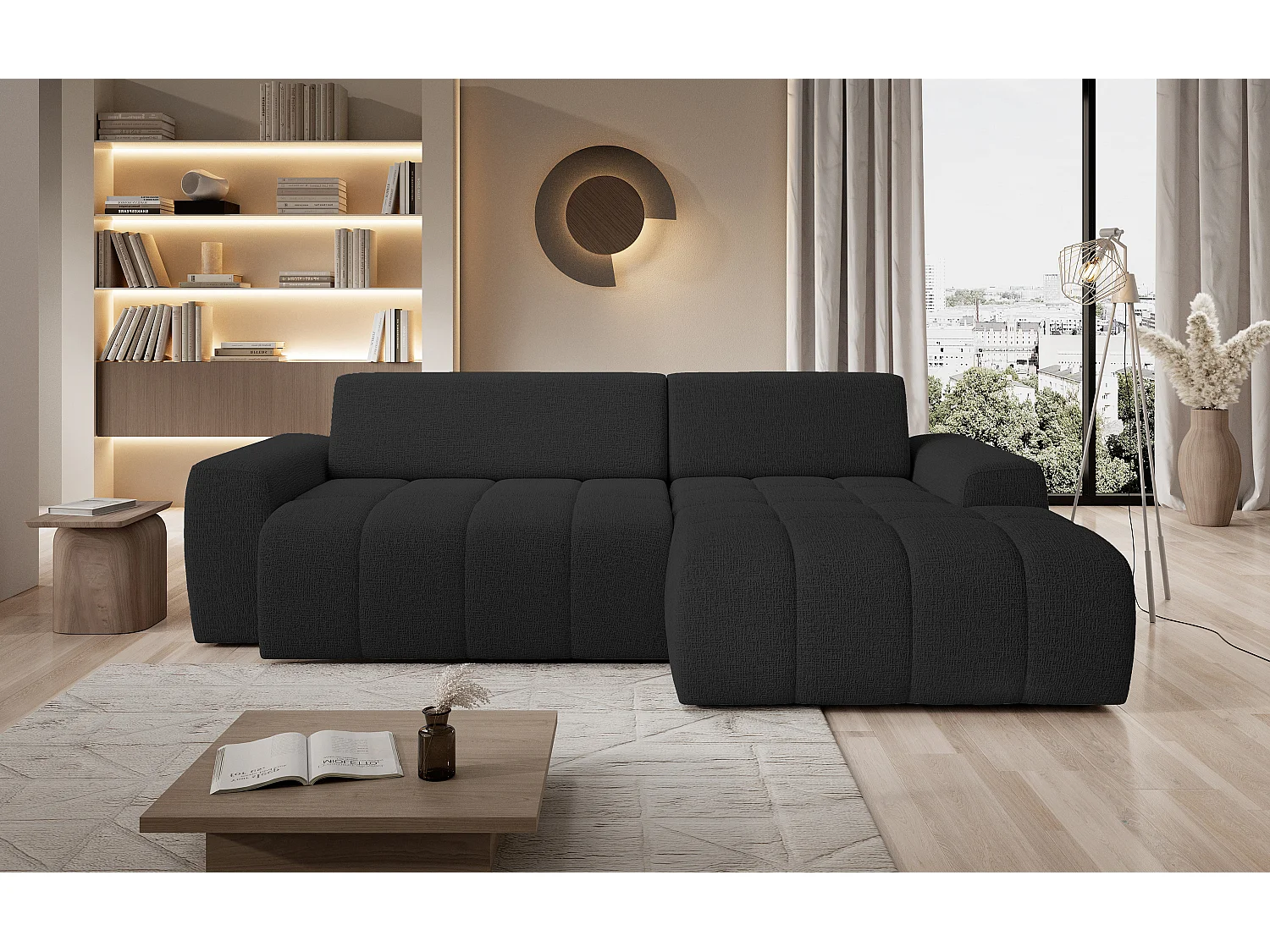 Canapé d'angle Savio indépendant, tissu Kansas résistant, dim. 265x172x81cm, couchage 206x92cm, côté droit, anthracite