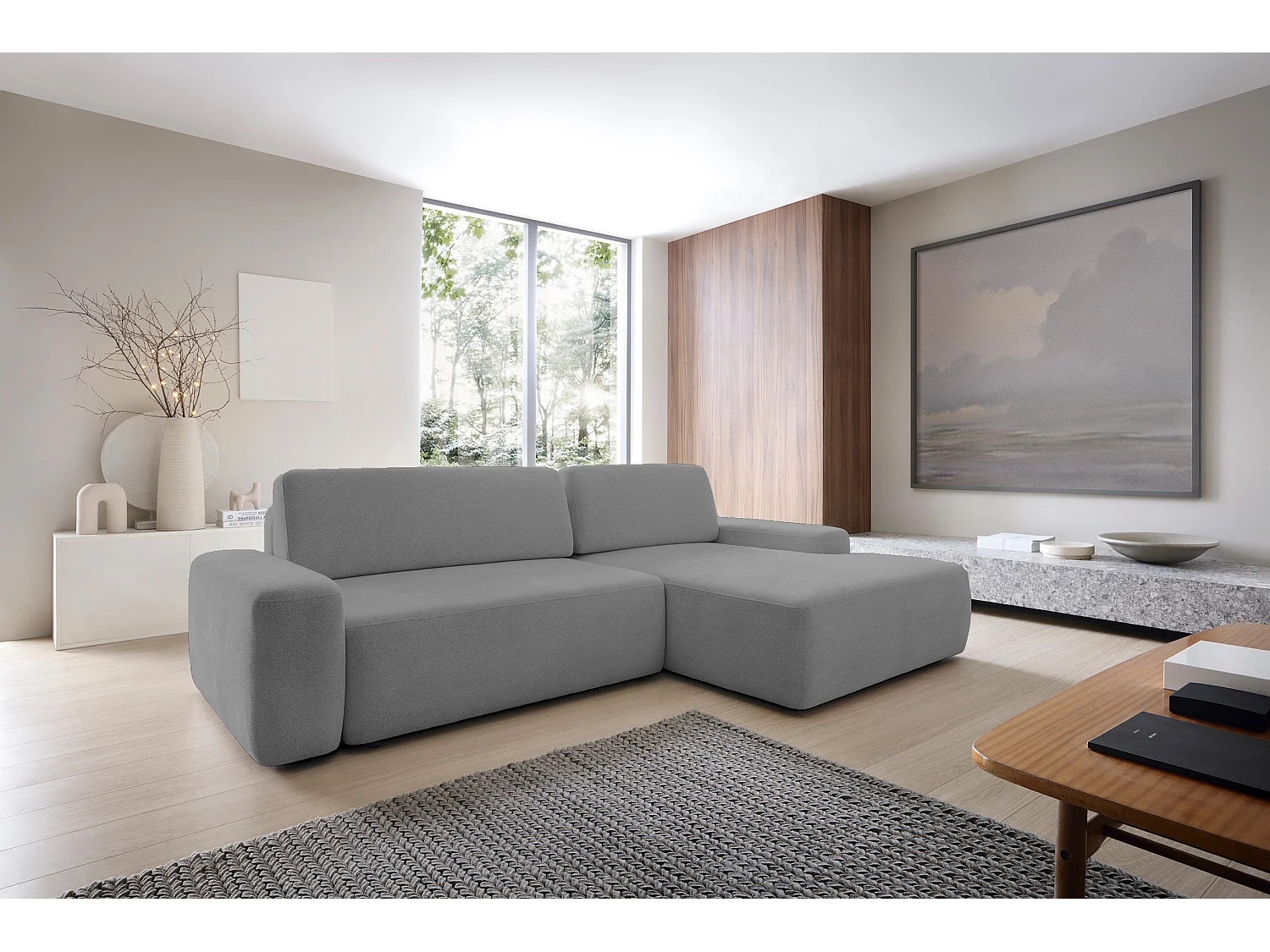 Canapé d’angle BOULI 4 places Raven, couchage 130x210cm, coffre, 264x162x82cm, droite gris