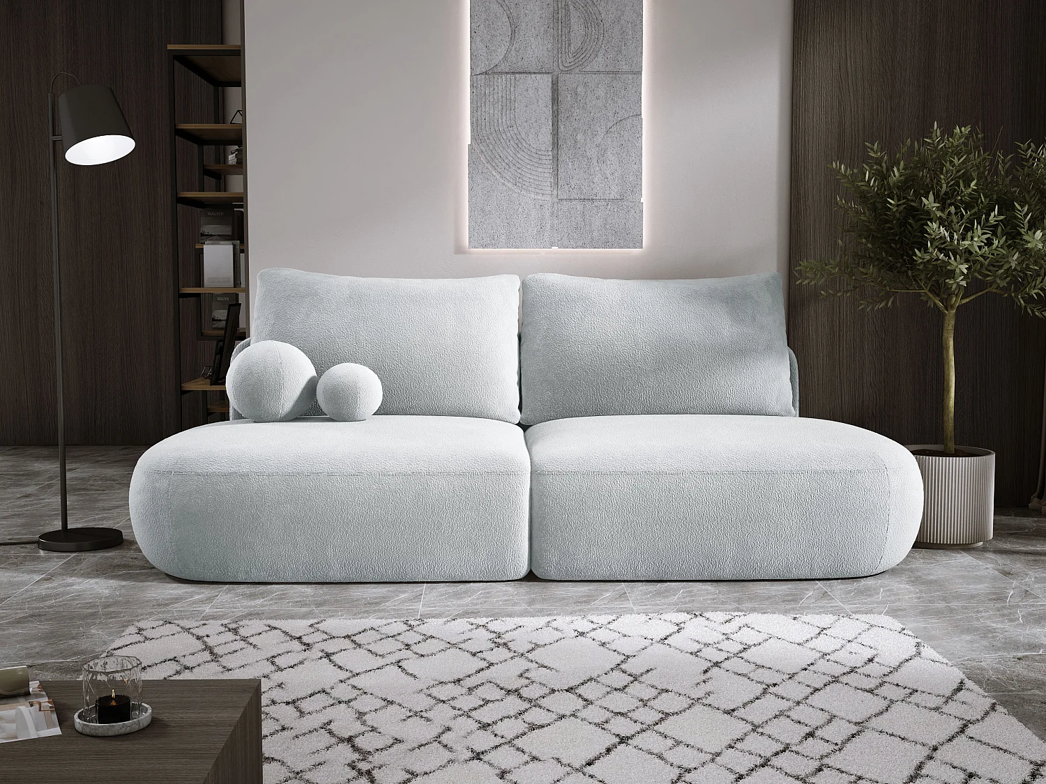Schlafsofa Moderne  BABU mit Schlaffunktion – 3-Sitzer Sofa mit Bettkasten, DL-Automat, 2 Rückenkissen, 2 Zierkissen, 240x90x90 cm Silber