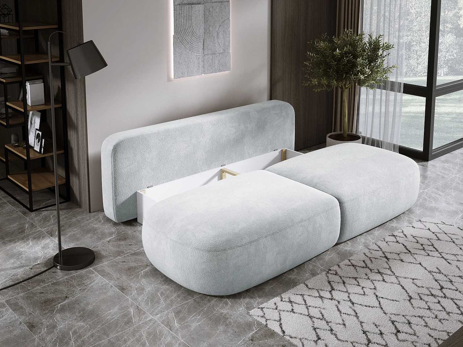 Canapé-lit moderne BABU avec coffre, fonction sommeil, DL-Automat, 2 coussins dossier, 2 coussins déco, 240x90x90 cm Argent