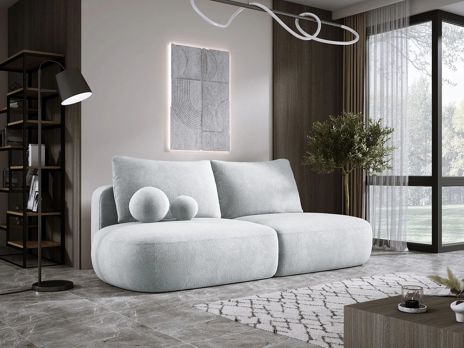 Canapé-lit moderne BABU avec coffre, fonction sommeil, DL-Automat, 2 coussins dossier, 2 coussins déco, 240x90x90 cm Argent