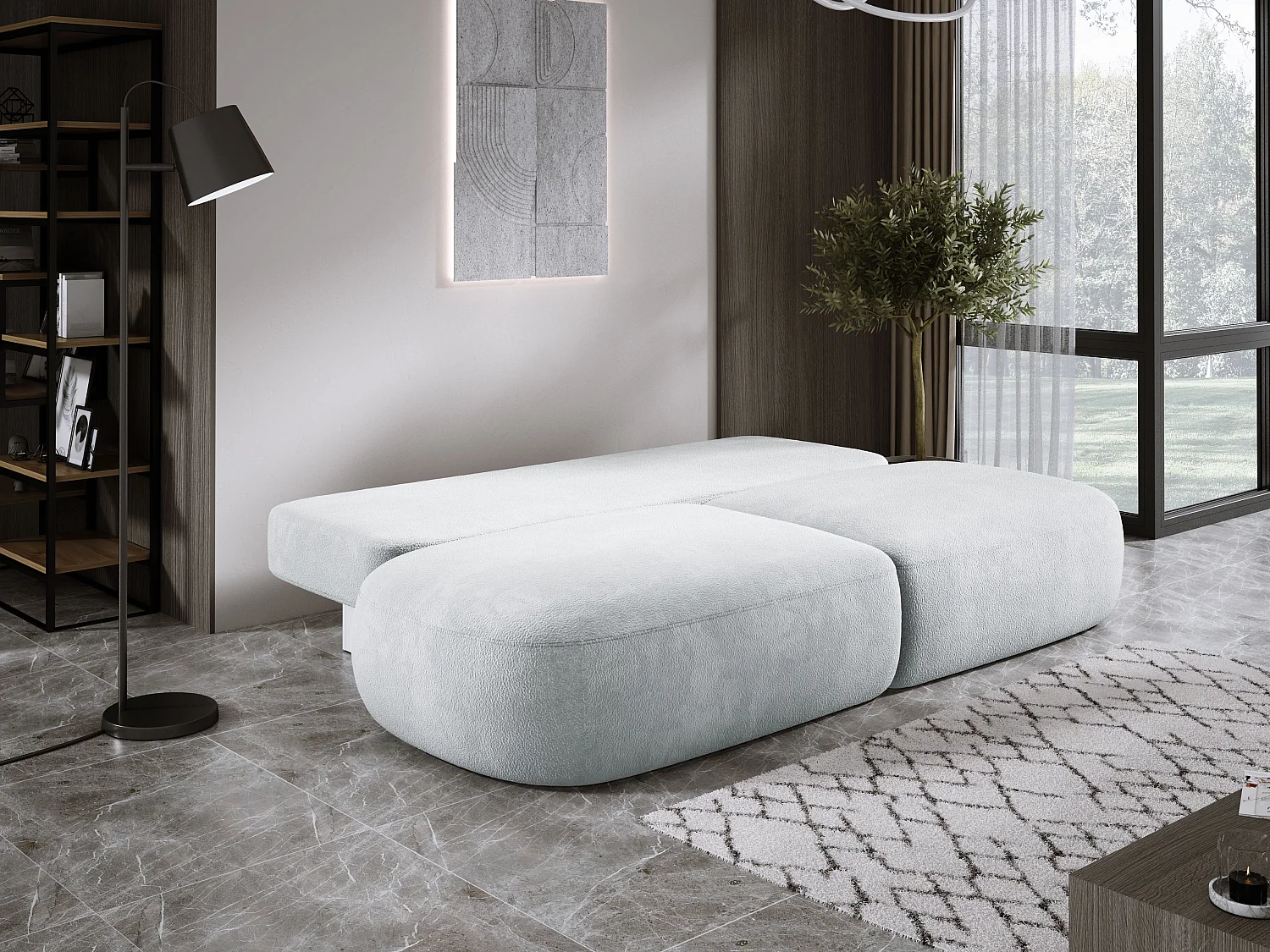 Canapé-lit moderne BABU avec coffre, fonction sommeil, DL-Automat, 2 coussins dossier, 2 coussins déco, 240x90x90 cm Argent