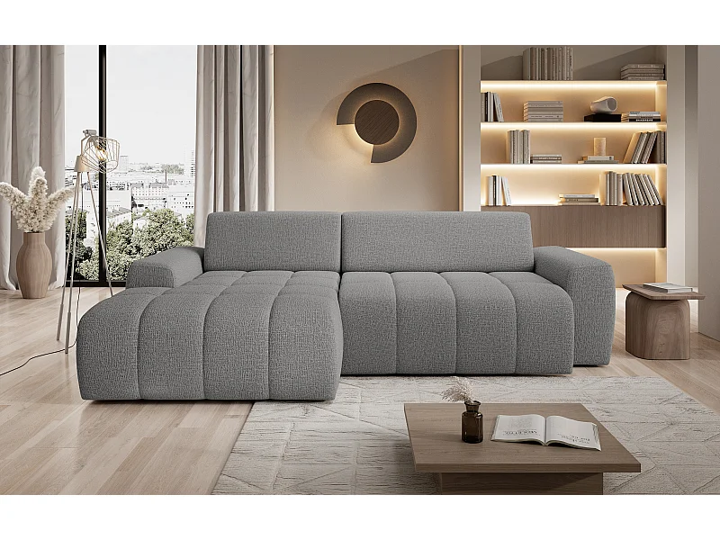 Canapé d'angle Savio indépendant, tissu Kansas résistant, dim. 265x172x81cm, couchage 206x92cm, côté gauche, gris clair