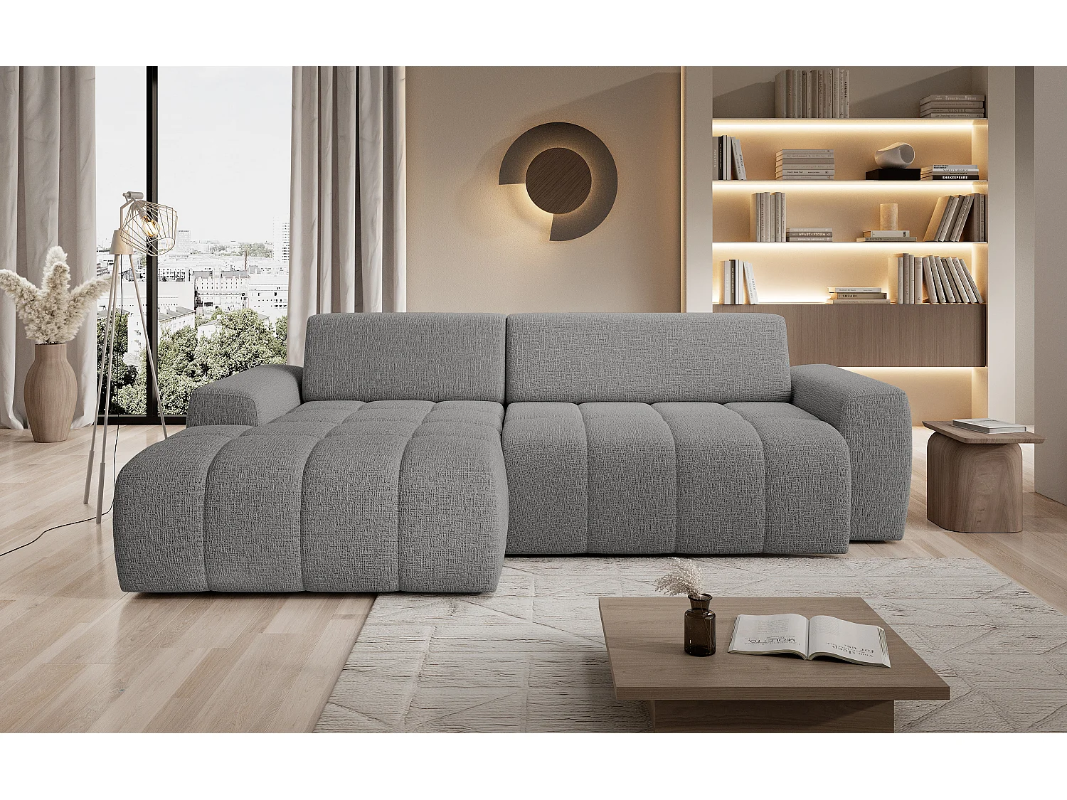 Canapé d'angle Savio indépendant, tissu Kansas résistant, dim. 265x172x81cm, couchage 206x92cm, côté gauche, gris clair