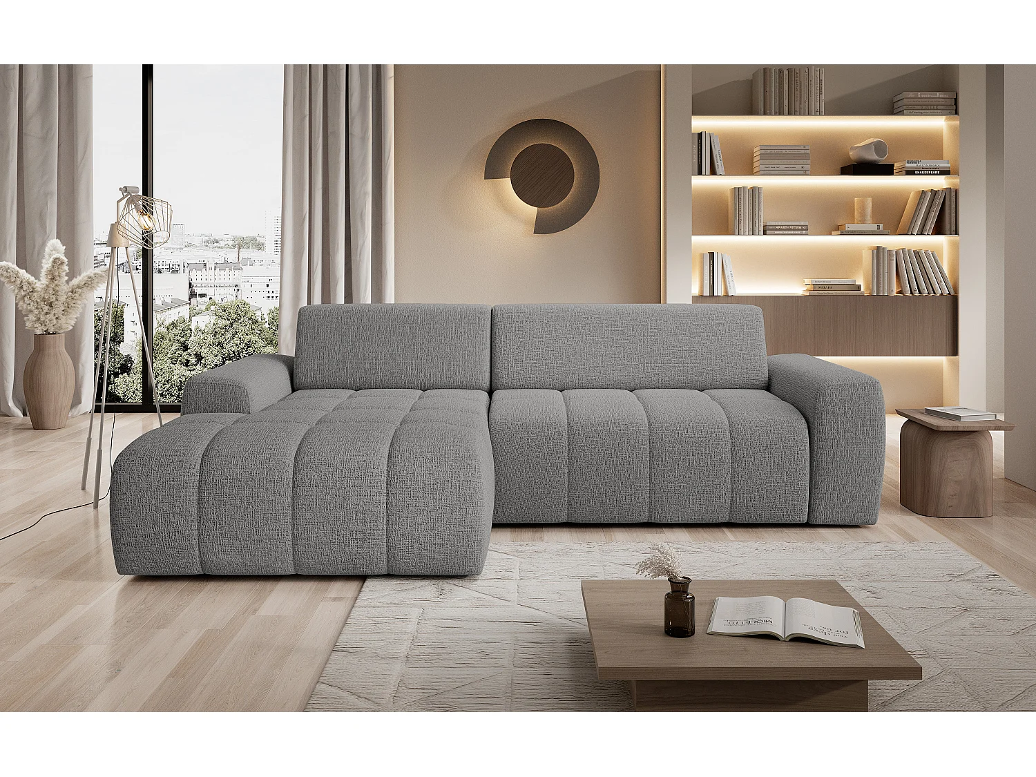 Canapé d'angle Savio indépendant, tissu Kansas résistant, dim. 265x172x81cm, couchage 206x92cm, côté gauche, gris clair