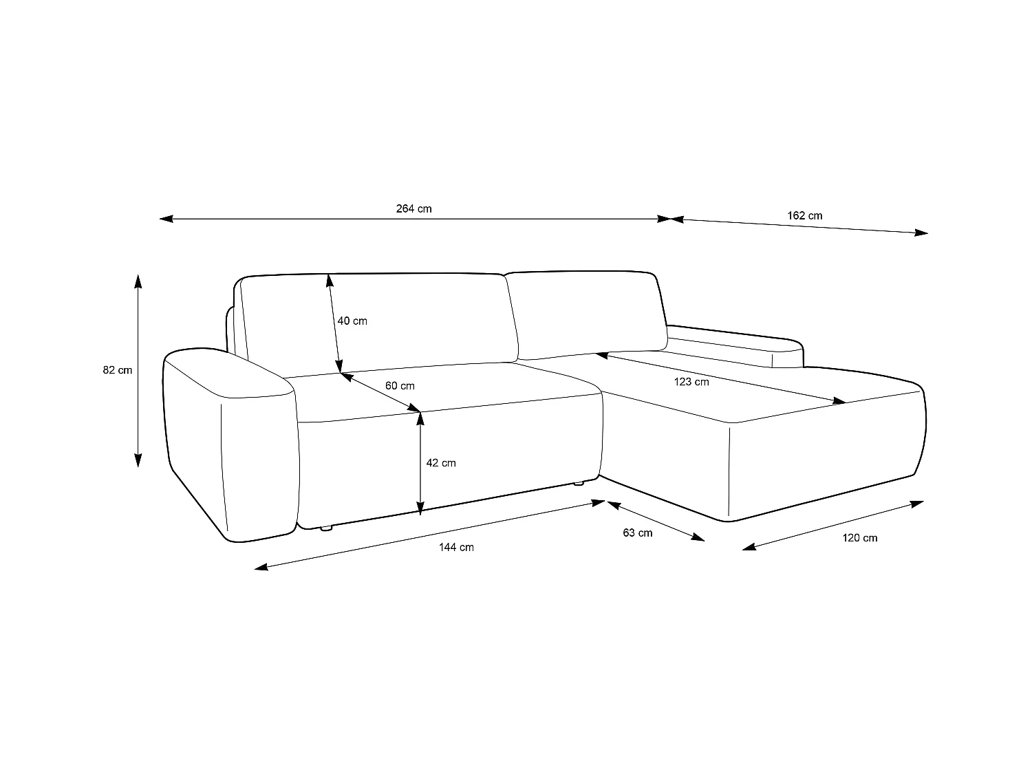 Canapé d’angle BOULI 4 places Raven, couchage 130x210cm, coffre, 264x162x82cm, gauche gris