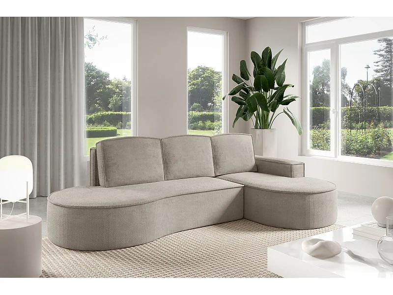 Canapé d'angle MOLLY avec couchage - Design arrondi, autoportant, 140x207 cm, 3 coussins, tissu Curio, 277x157x88 cm, côté droit frêne