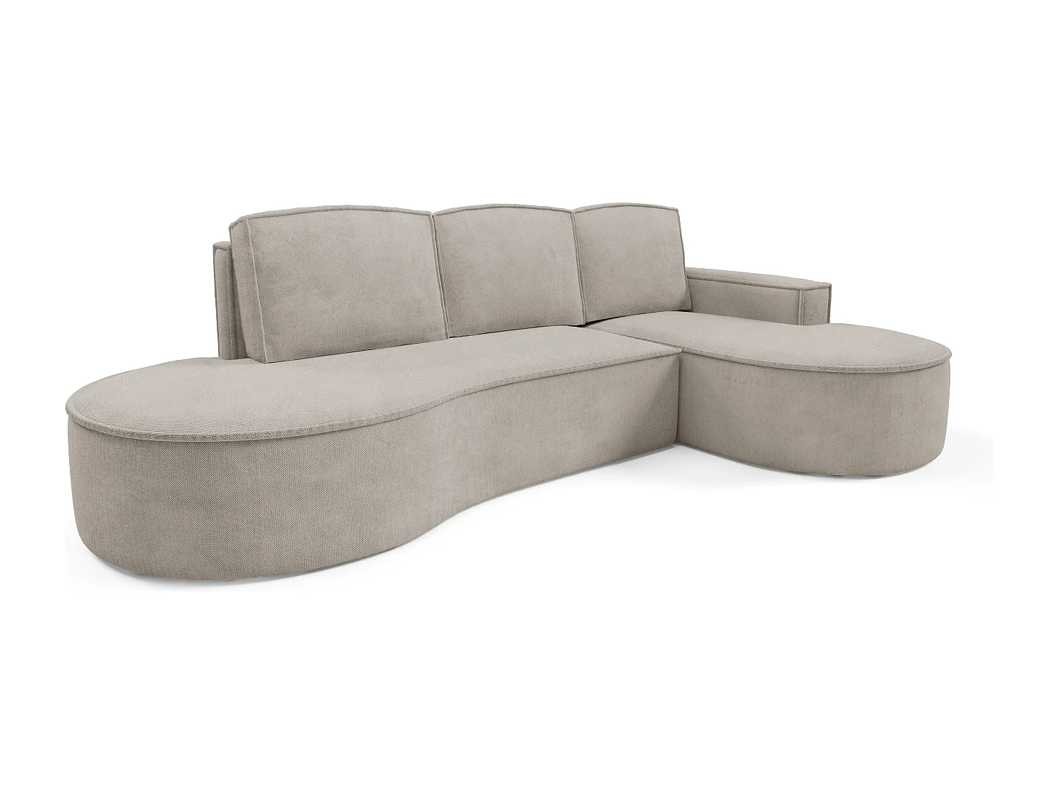 Canapé d'angle MOLLY avec couchage - Design arrondi, autoportant, 140x207 cm, 3 coussins, tissu Curio, 277x157x88 cm, côté droit frêne