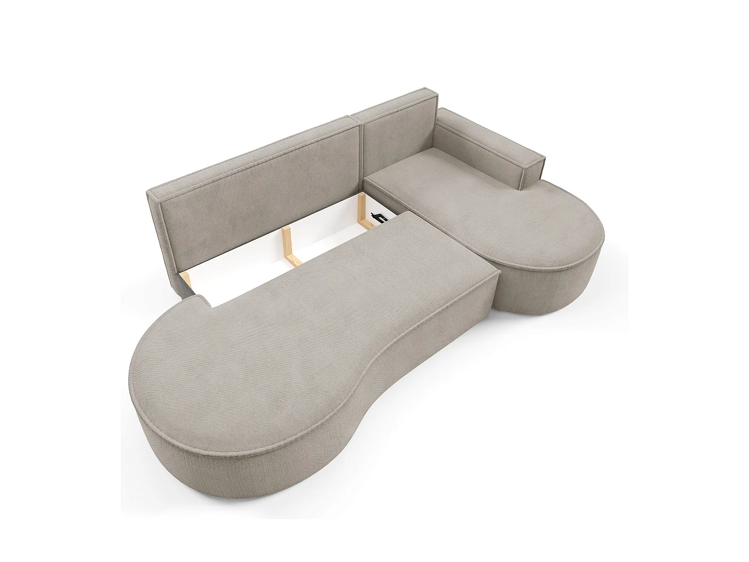 Canapé d'angle MOLLY avec couchage - Design arrondi, autoportant, 140x207 cm, 3 coussins, tissu Curio, 277x157x88 cm, côté droit frêne