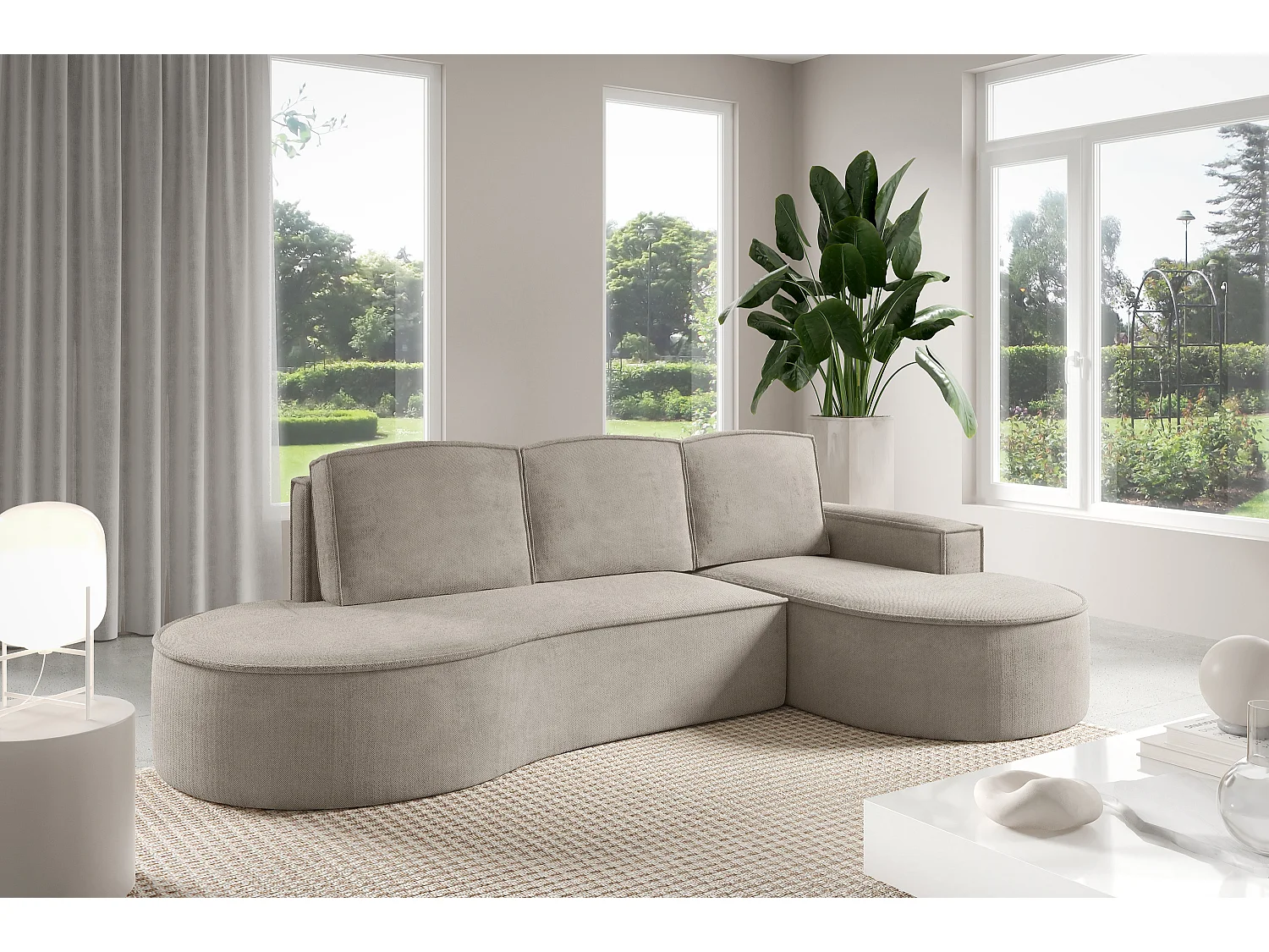 Canapé d'angle MOLLY avec couchage - Design arrondi, autoportant, 140x207 cm, 3 coussins, tissu Curio, 277x157x88 cm, côté droit frêne