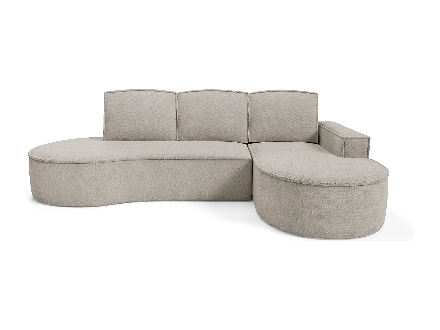 Canapé d'angle MOLLY avec couchage - Design arrondi, autoportant, 140x207 cm, 3 coussins, tissu Curio, 277x157x88 cm, côté droit frêne