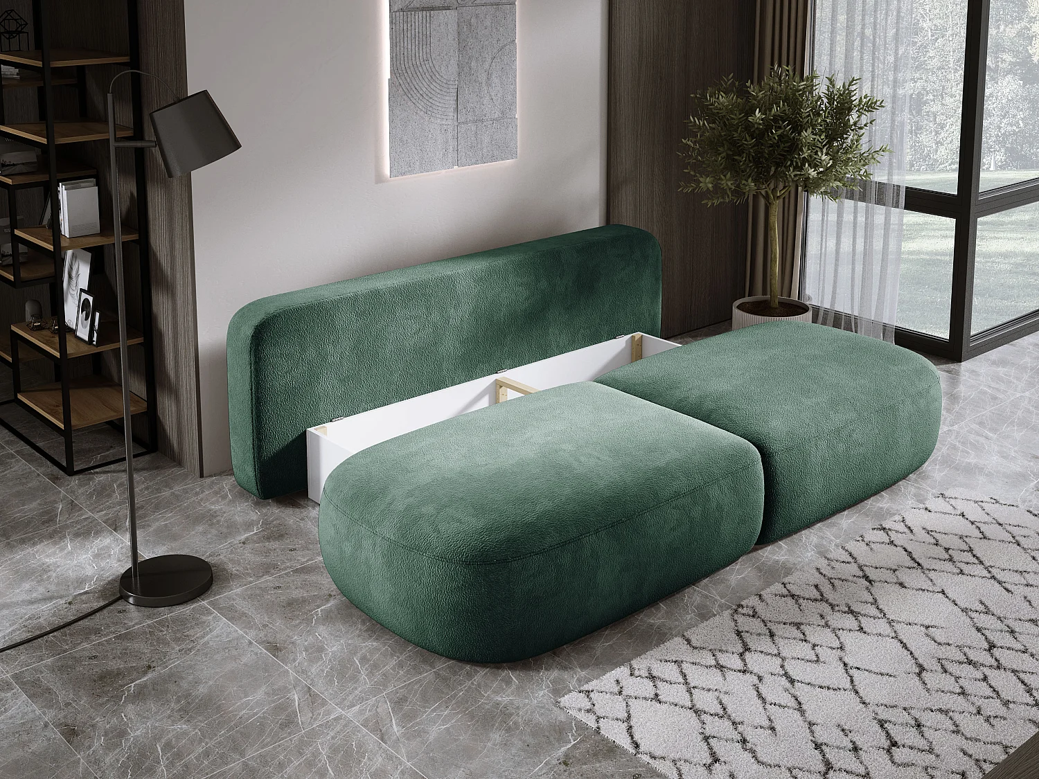 Canapé-lit moderne BABU avec coffre, fonction sommeil, DL-Automat, 2 coussins dossier, 2 coussins déco, 240x90x90 cm Vert