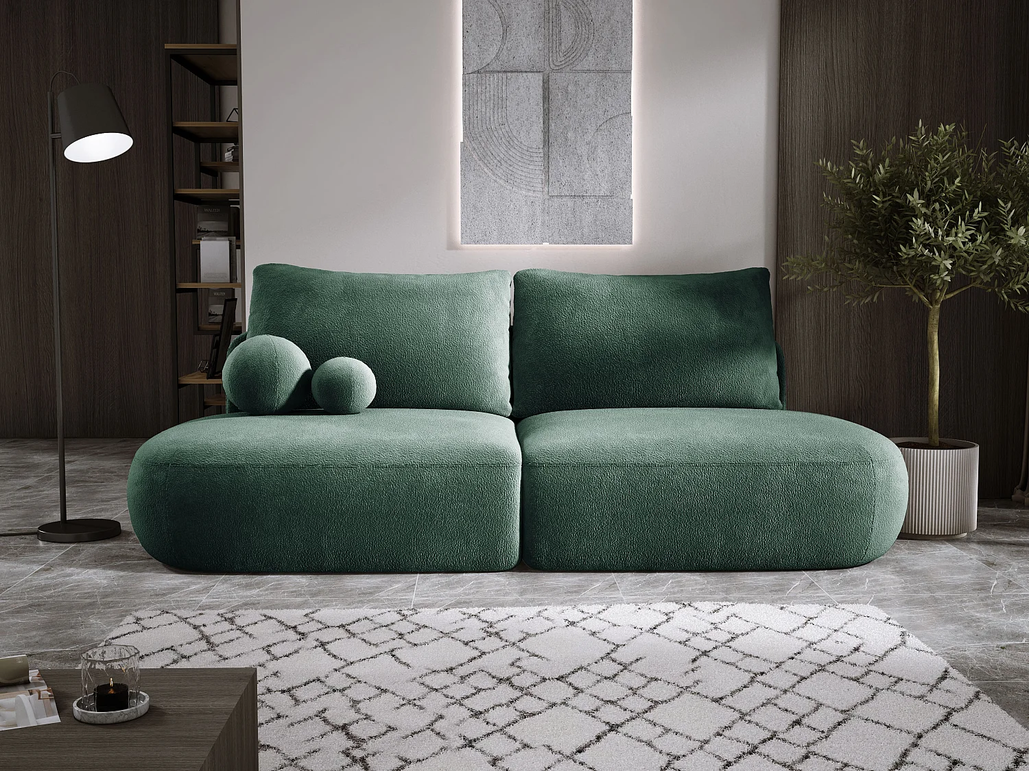 Canapé-lit moderne BABU avec coffre, fonction sommeil, DL-Automat, 2 coussins dossier, 2 coussins déco, 240x90x90 cm Vert