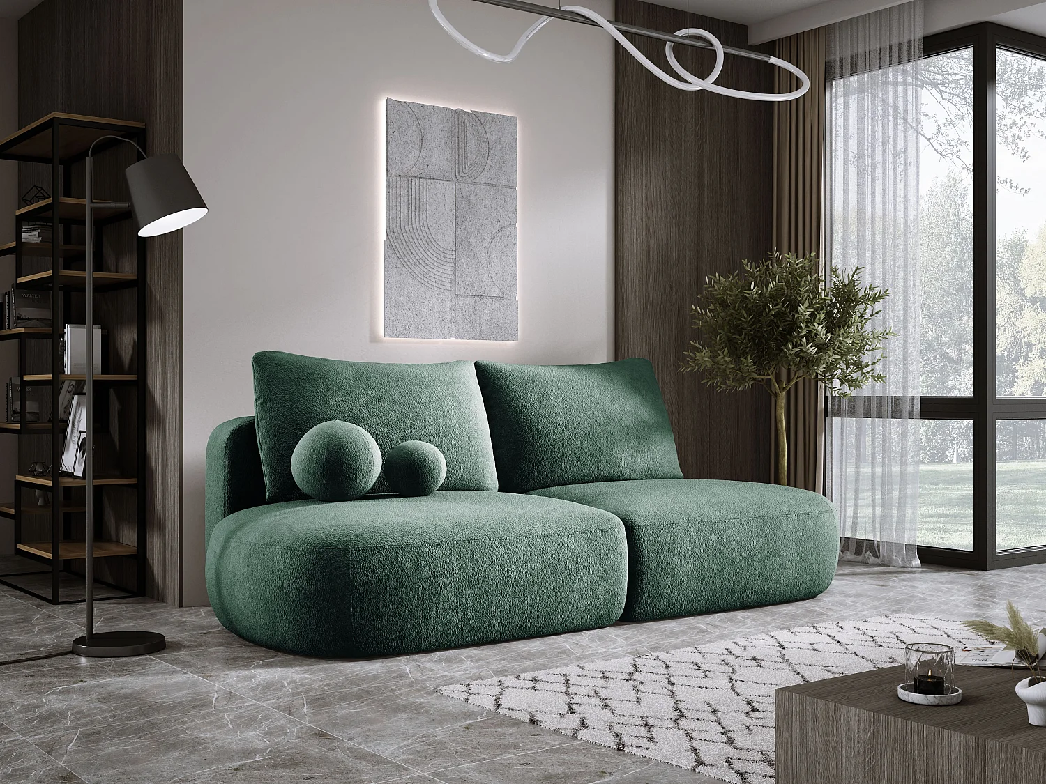 Canapé-lit moderne BABU avec coffre, fonction sommeil, DL-Automat, 2 coussins dossier, 2 coussins déco, 240x90x90 cm Vert