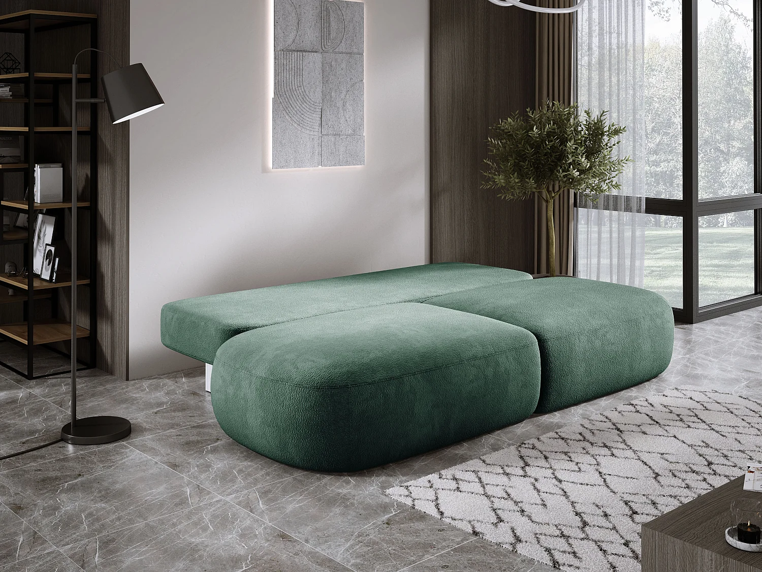 Canapé-lit moderne BABU avec coffre, fonction sommeil, DL-Automat, 2 coussins dossier, 2 coussins déco, 240x90x90 cm Vert