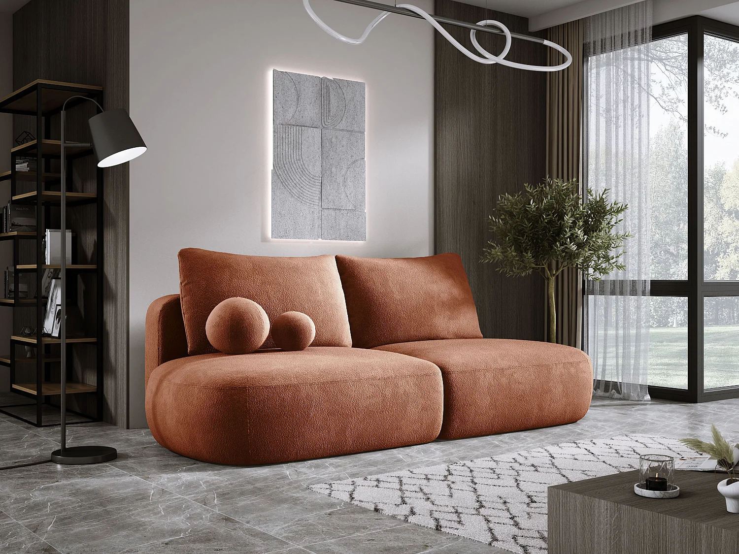 Canapé-lit moderne BABU avec coffre, fonction sommeil, DL-Automat, 2 coussins dossier, 2 coussins déco, 240x90x90 cm Marron