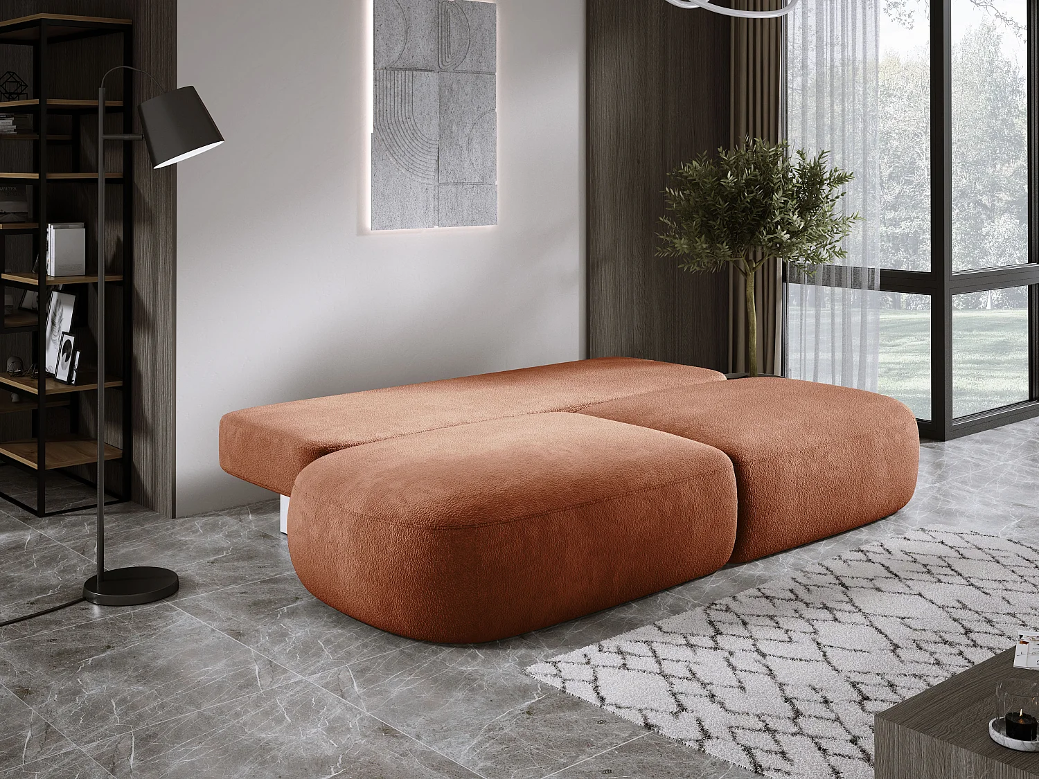 Canapé-lit moderne BABU avec coffre, fonction sommeil, DL-Automat, 2 coussins dossier, 2 coussins déco, 240x90x90 cm Marron