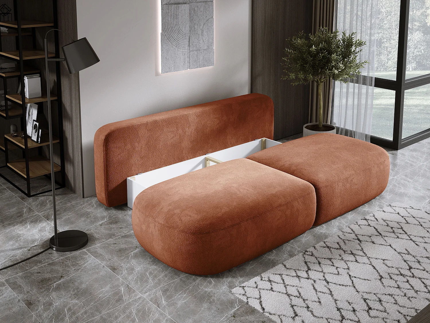Canapé-lit moderne BABU avec coffre, fonction sommeil, DL-Automat, 2 coussins dossier, 2 coussins déco, 240x90x90 cm Marron