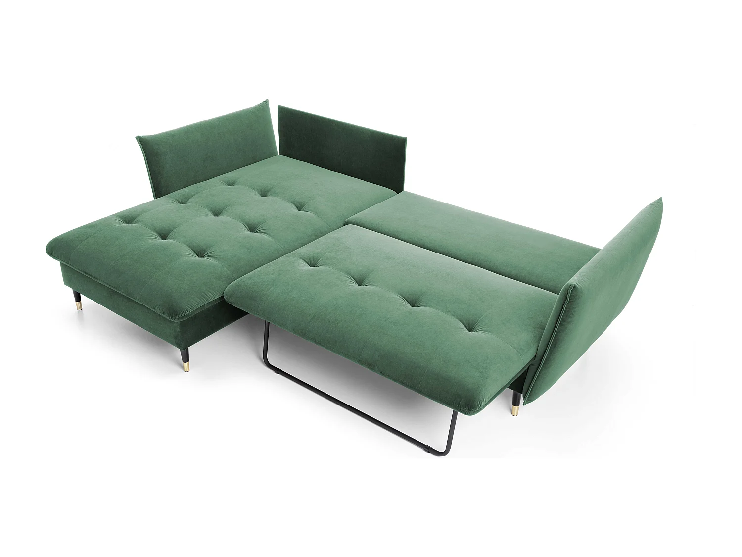 Ecksofa GLAM mit Schlaffunktion, Ottomane & goldenen Füßen – Samtsofa im Glamour-Stil mit Zierkissen, 258x167x91cm, Linke Seite GRÜN