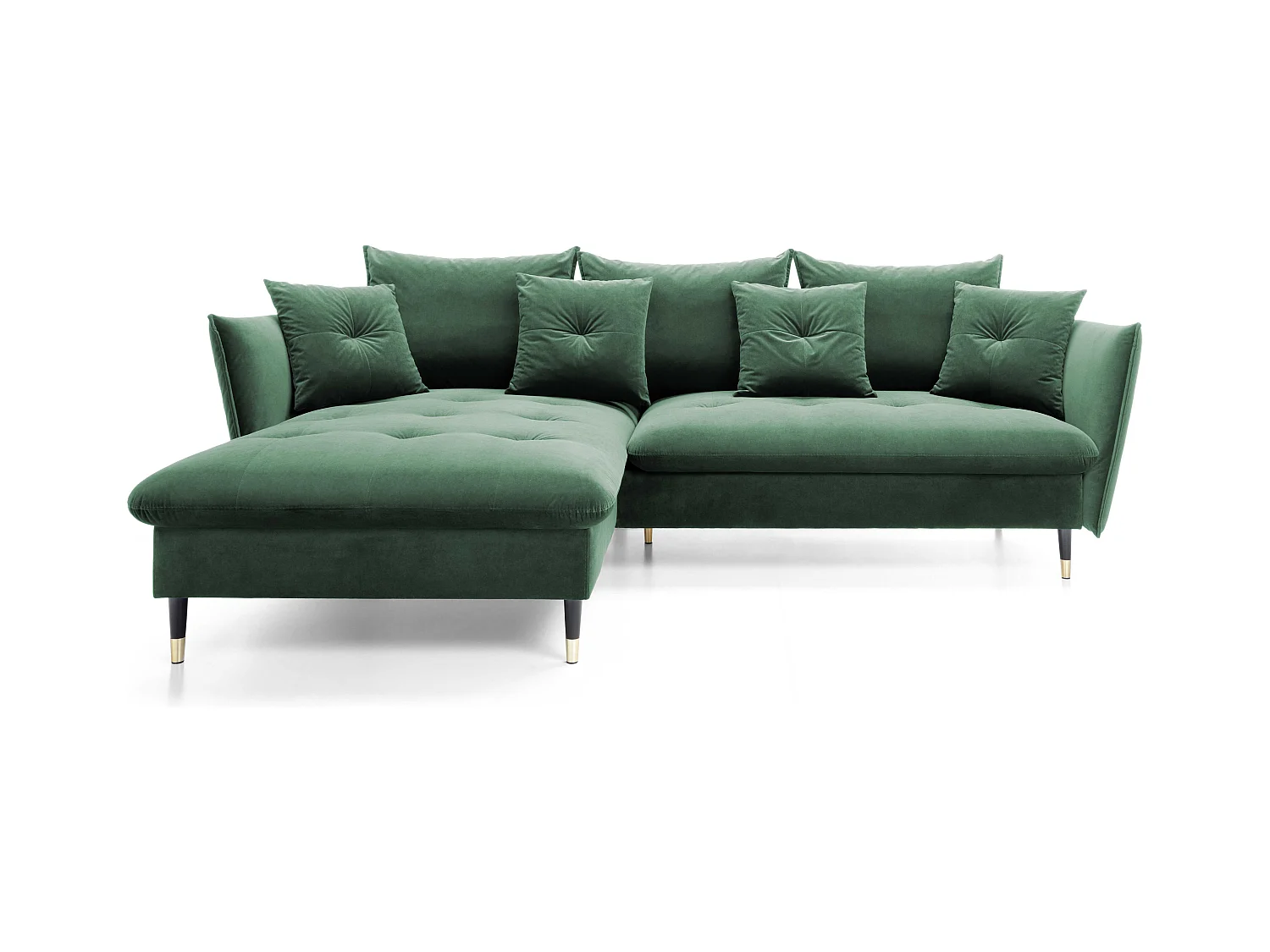 Canapé d'angle GLAM convertible, ottomane & pieds dorés – canapé en velours style glamour avec coussins déco, 258x167x91 cm, côté gauche VERT