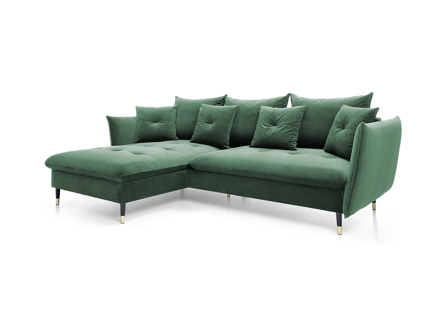 Canapé d'angle GLAM convertible, ottomane & pieds dorés – canapé en velours style glamour avec coussins déco, 258x167x91 cm, côté gauche VERT