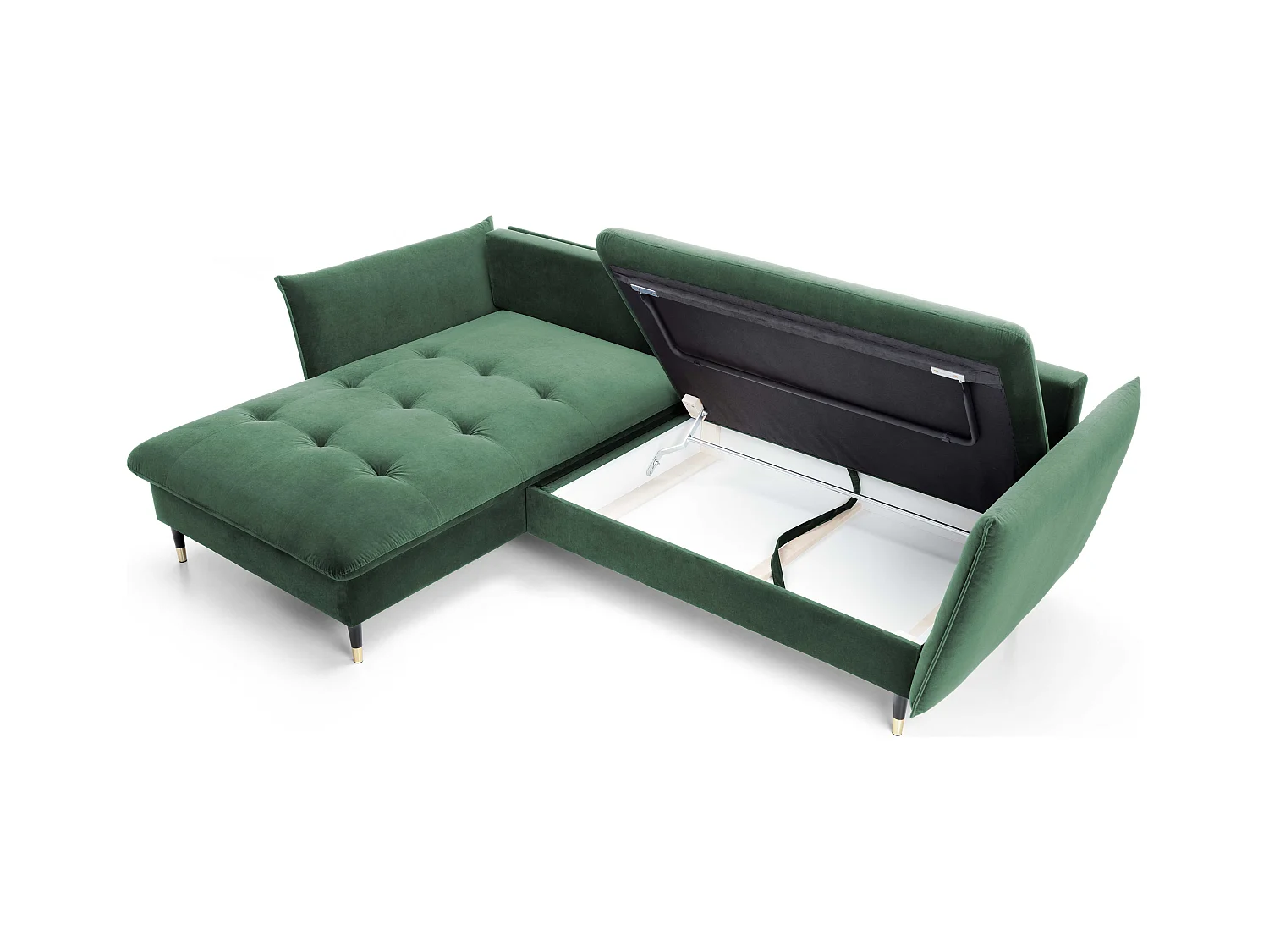Canapé d'angle GLAM convertible, ottomane & pieds dorés – canapé en velours style glamour avec coussins déco, 258x167x91 cm, côté gauche VERT