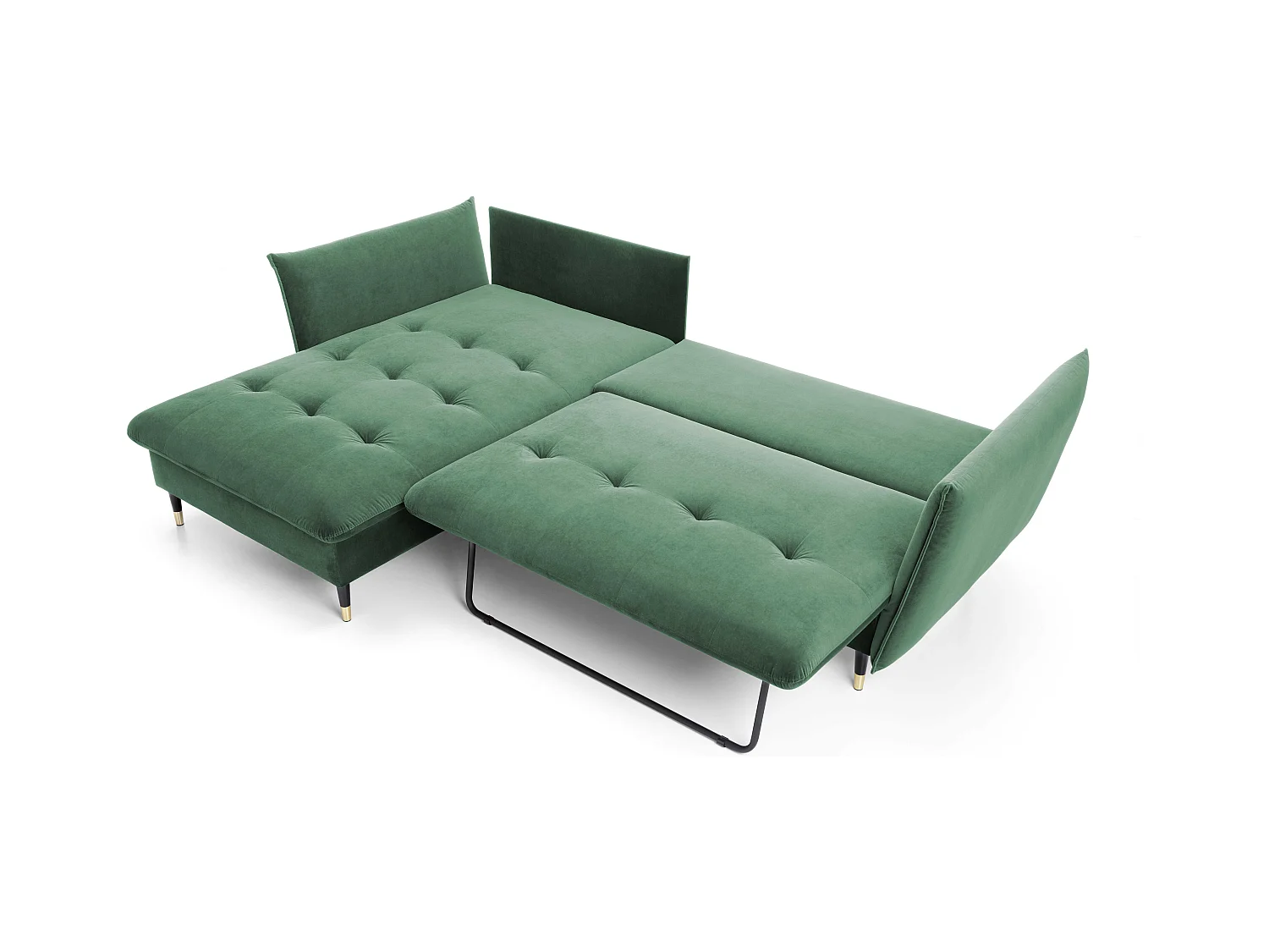 Canapé d'angle GLAM convertible, ottomane & pieds dorés – canapé en velours style glamour avec coussins déco, 258x167x91 cm, côté gauche VERT