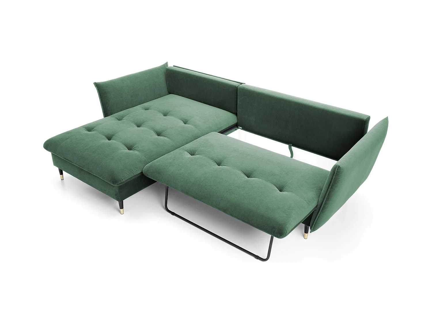 Canapé d'angle GLAM convertible, ottomane & pieds dorés – canapé en velours style glamour avec coussins déco, 258x167x91 cm, côté gauche VERT