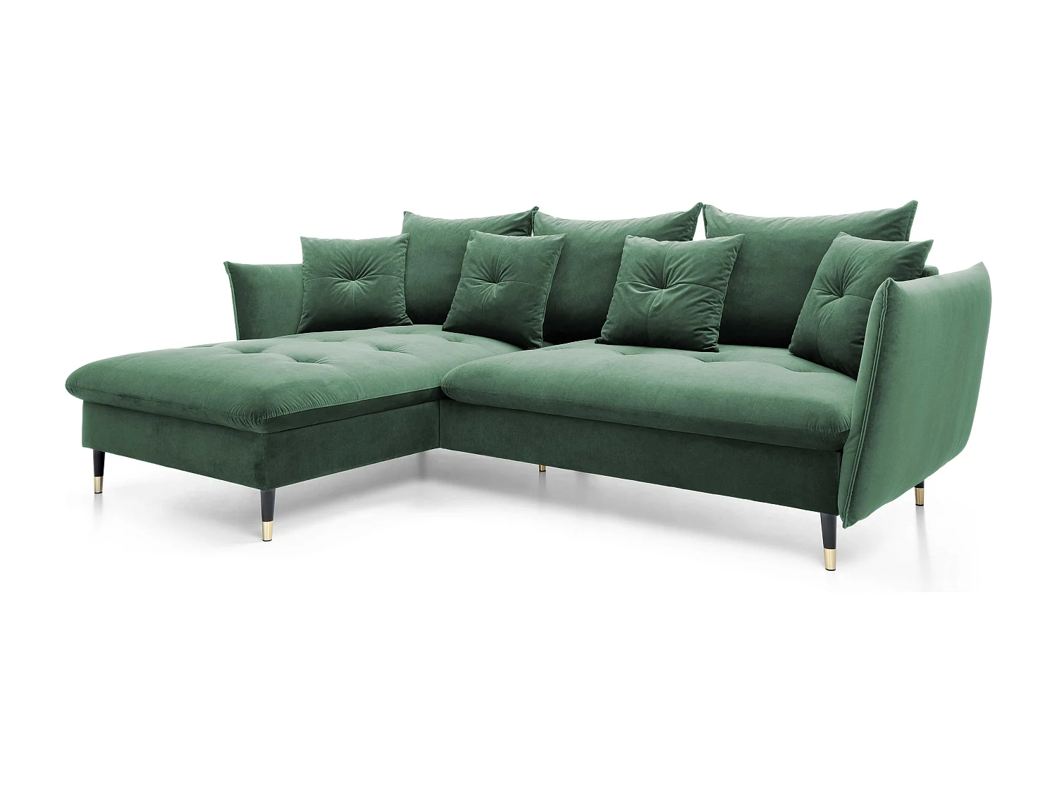 Canapé d'angle GLAM convertible, ottomane & pieds dorés – canapé en velours style glamour avec coussins déco, 258x167x91 cm, côté gauche VERT
