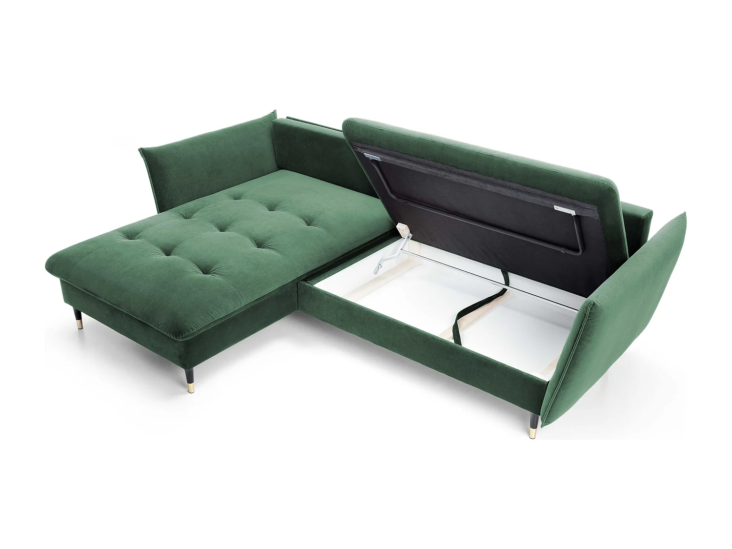 Canapé d'angle GLAM convertible, ottomane & pieds dorés – canapé en velours style glamour avec coussins déco, 258x167x91 cm, côté gauche VERT
