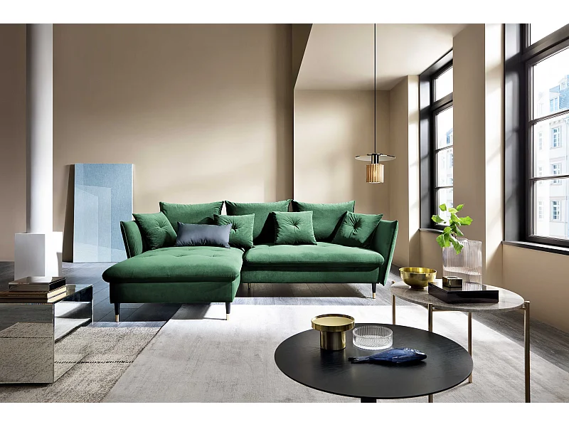 Canapé d'angle GLAM convertible, ottomane & pieds dorés – canapé en velours style glamour avec coussins déco, 258x167x91 cm, côté gauche VERT