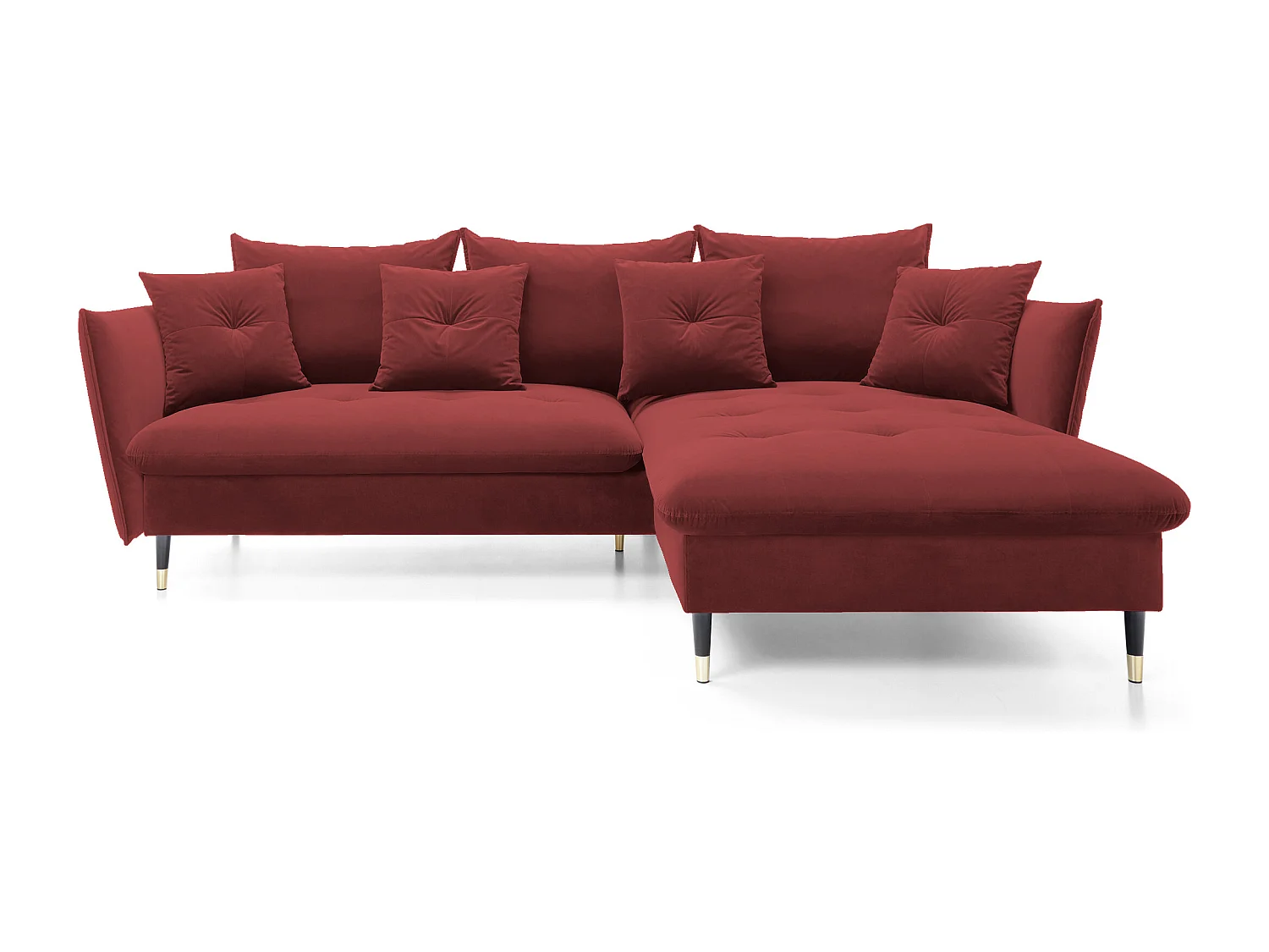 Hoekbank GLAM met slaapfunctie, ottomane & gouden poten – fluwelen bank in glamstijl met sierkussens, 258x167x91cm, Rechterkant BURGUNDY