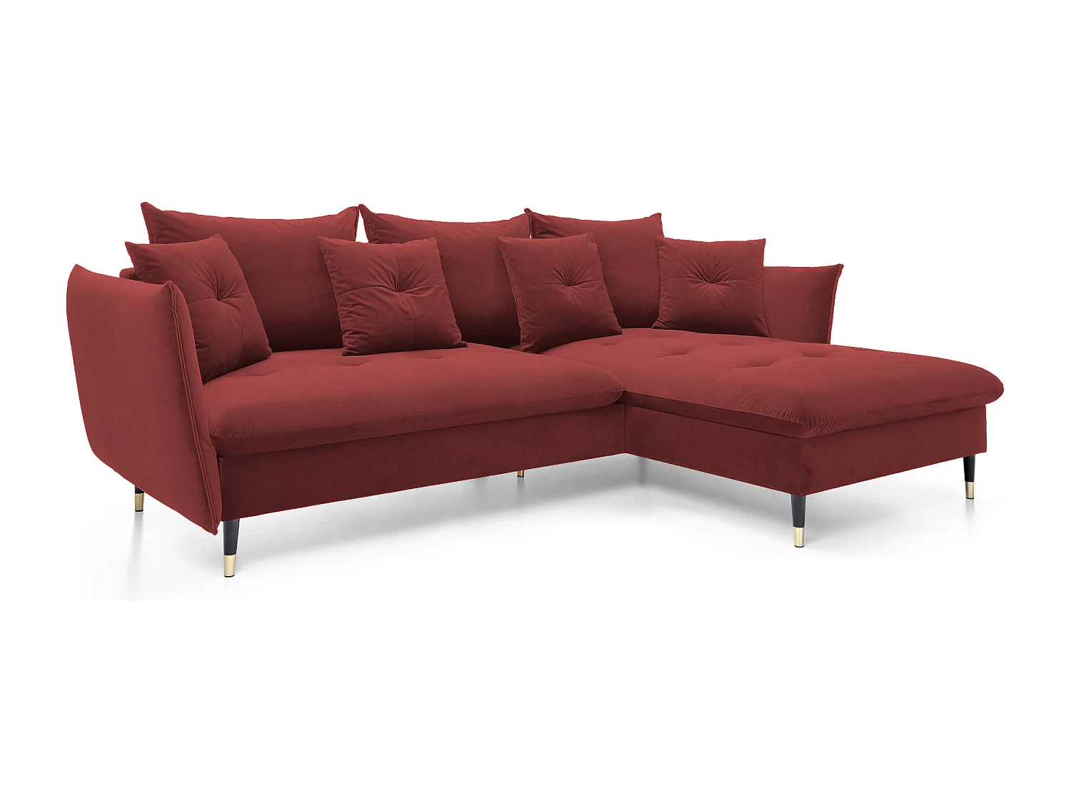 Hoekbank GLAM met slaapfunctie, ottomane & gouden poten – fluwelen bank in glamstijl met sierkussens, 258x167x91cm, Rechterkant BURGUNDY